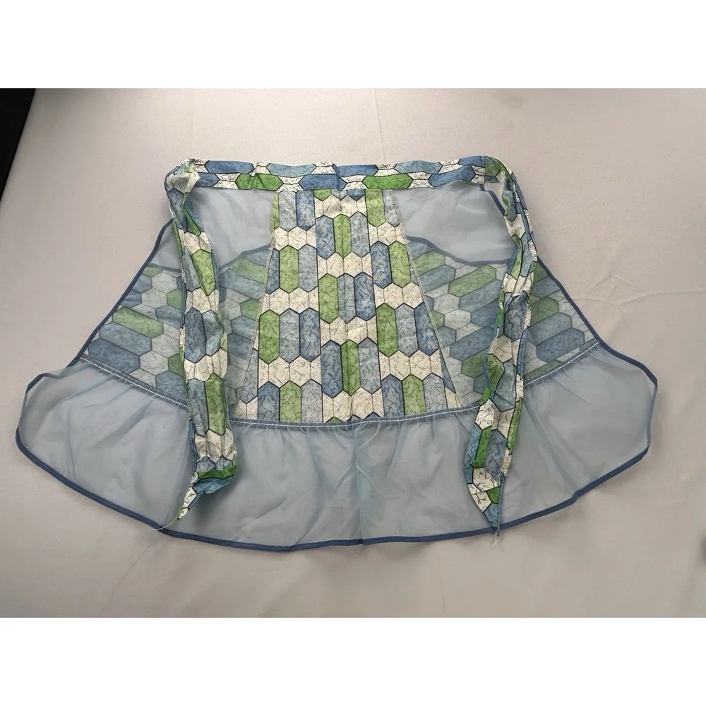 Vintage 50s 60s Hostess Half Apron Sheer Blue Green Geometric Tie Waist Handmade